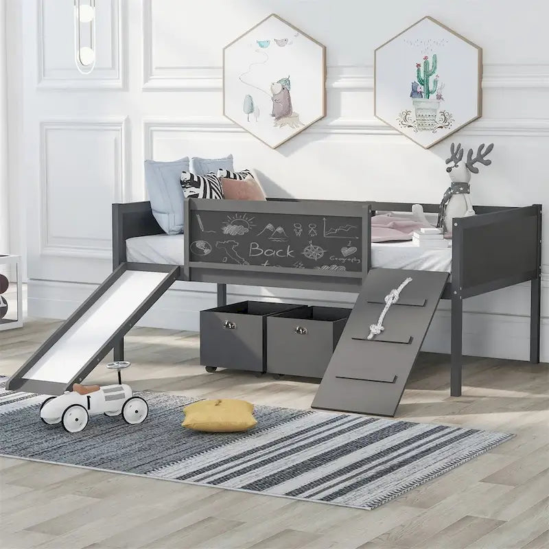 Twin Size Wood Loft Bed with Two Storage Boxes