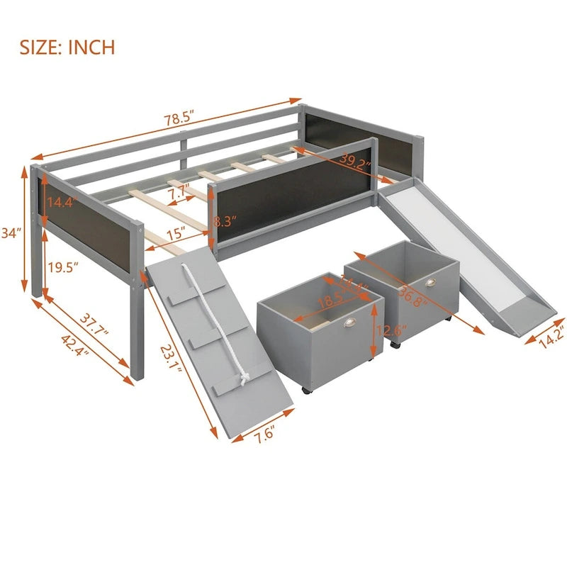 Twin Size Wood Loft Bed with Two Storage Boxes