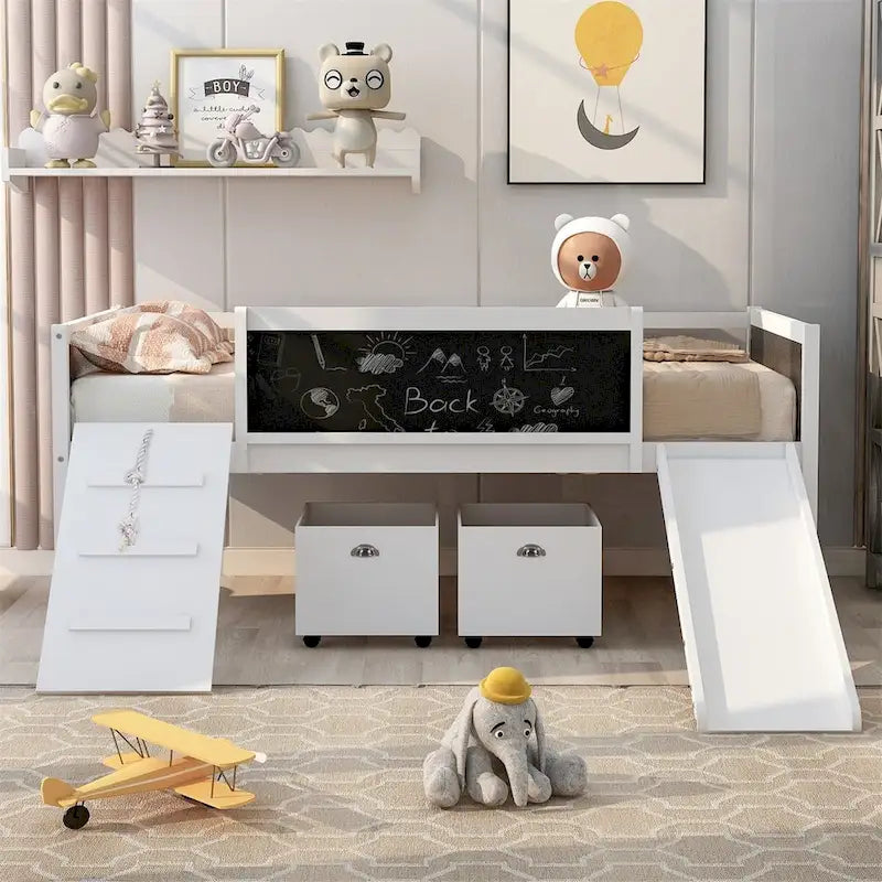 Twin Size Wood Loft Bed with Two Storage Boxes