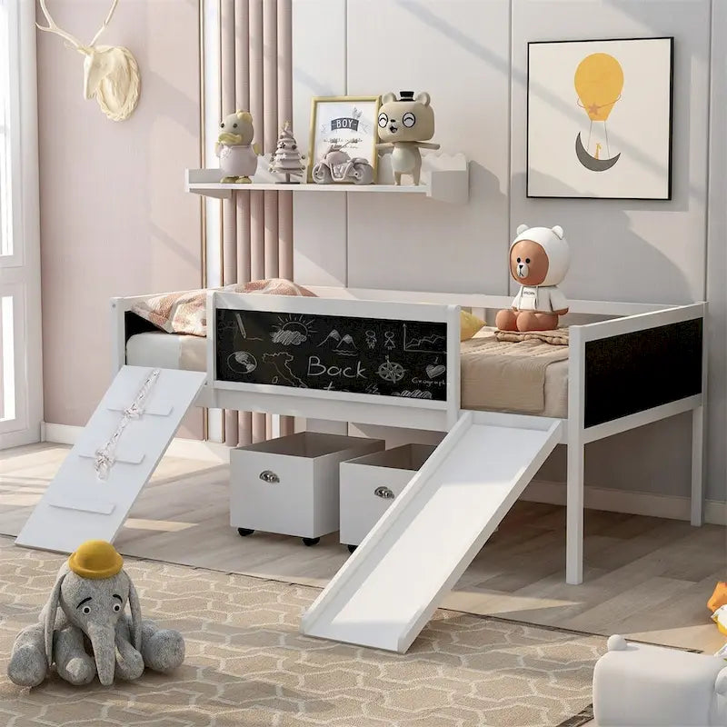 Twin Size Wood Loft Bed with Two Storage Boxes