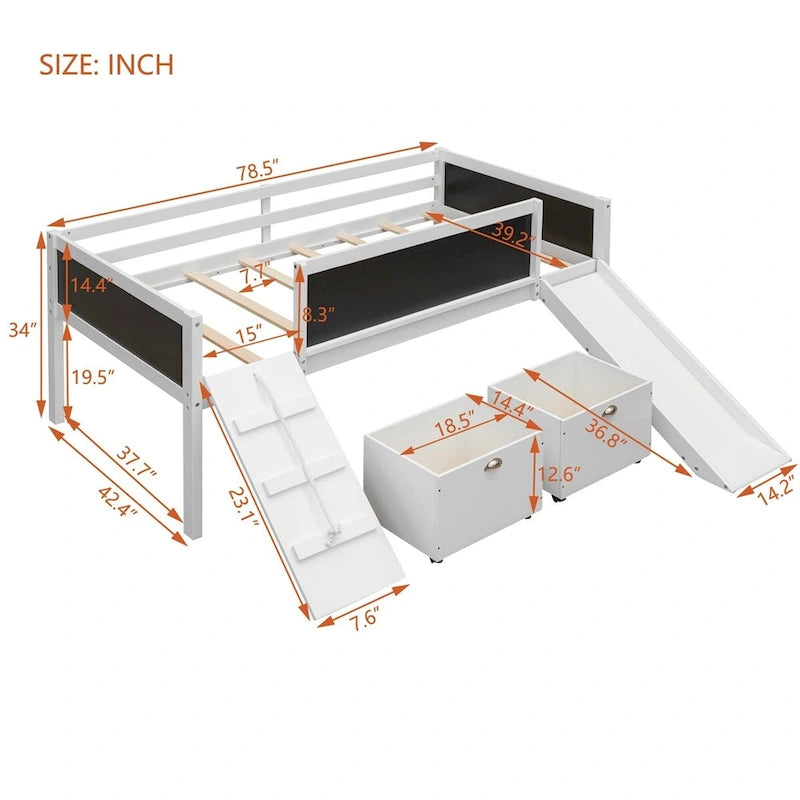 Twin Size Wood Loft Bed with Two Storage Boxes