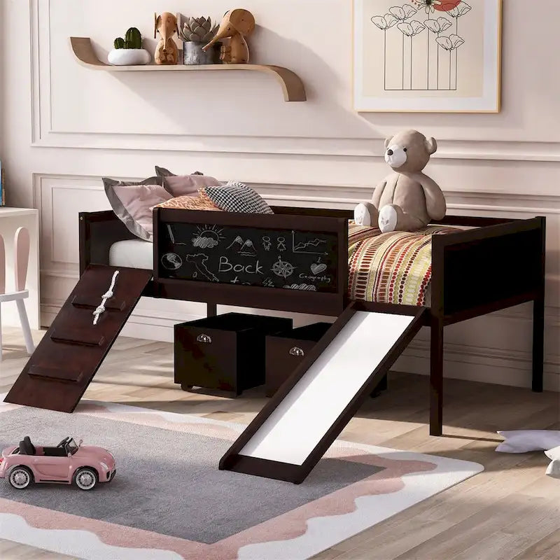 Twin Size Wood Loft Bed with Two Storage Boxes