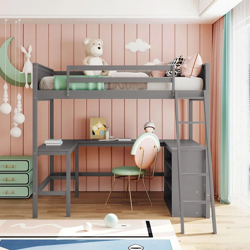 Cama alta tamaño Full con estantes y escritorio, estructura de cama alta de madera tamaño Full con escritorio
