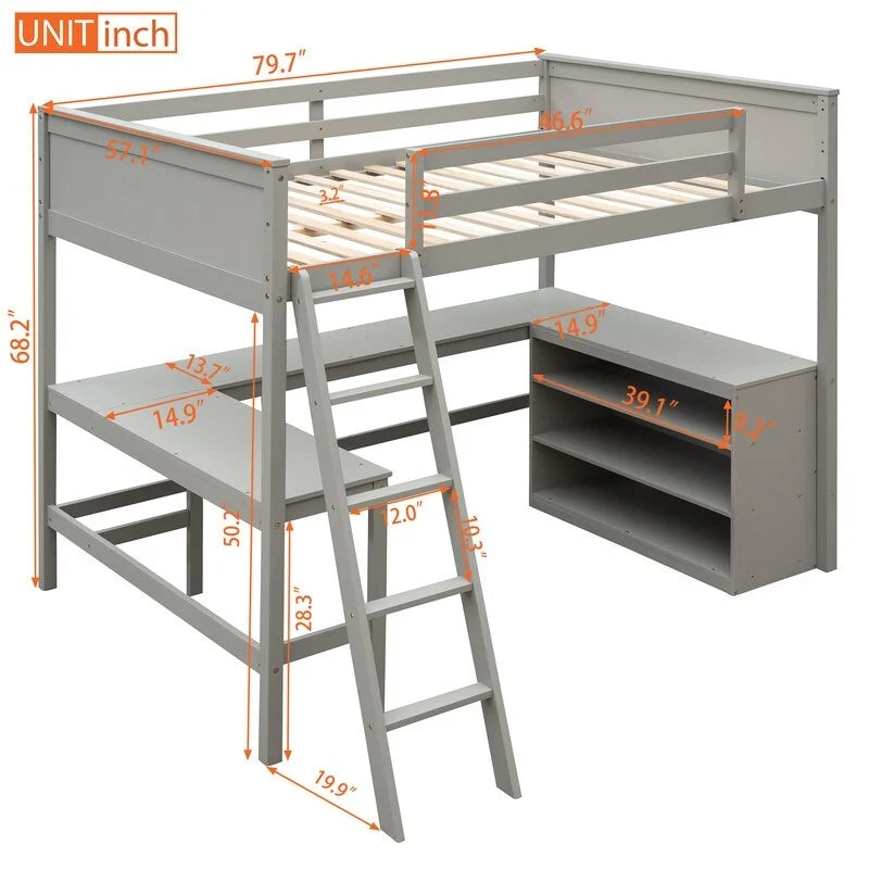 Cama alta tamaño Full con estantes y escritorio, estructura de cama alta de madera tamaño Full con escritorio