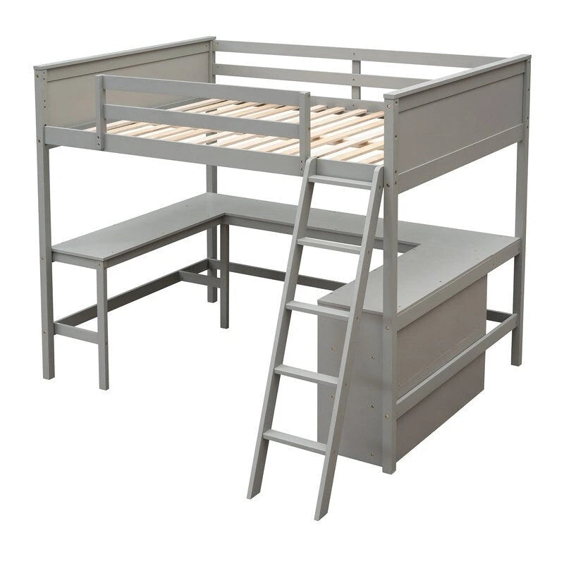 Cama alta tamaño Full con estantes y escritorio, estructura de cama alta de madera tamaño Full con escritorio