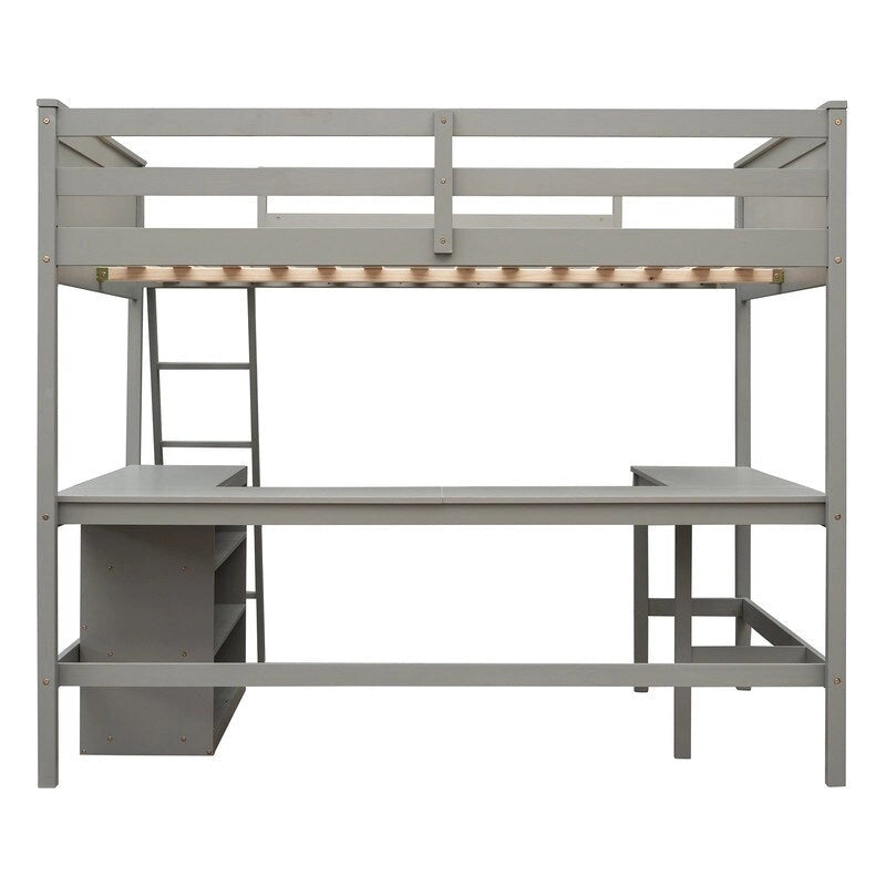 Cama alta tamaño Full con estantes y escritorio, estructura de cama alta de madera tamaño Full con escritorio