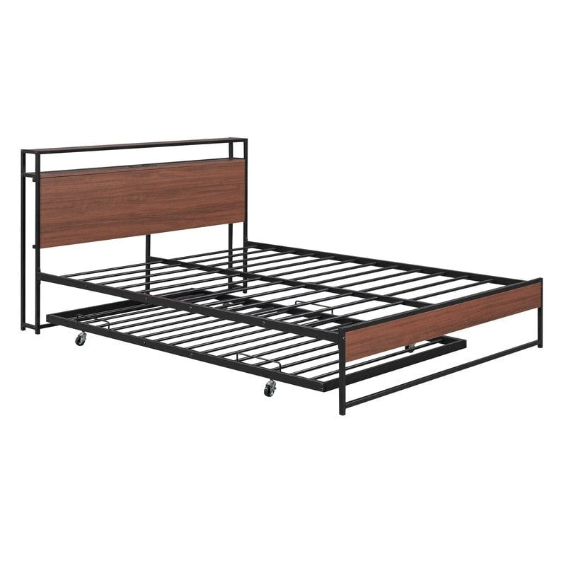 Cama de plataforma de metal tamaño Queen con cama nido, puertos USB, no necesita somier