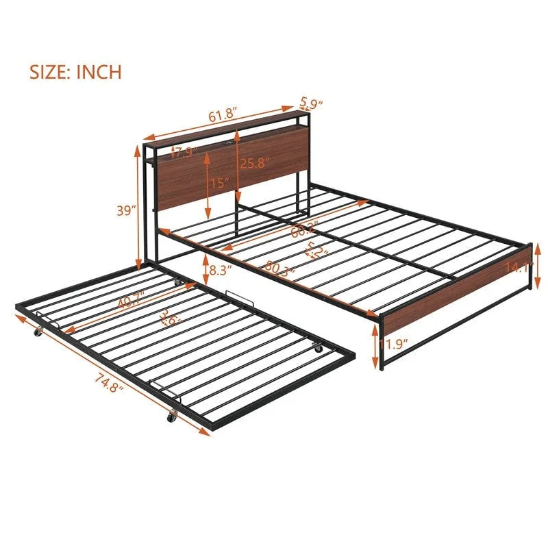 Cama de plataforma de metal tamaño Queen con cama nido, puertos USB, no necesita somier