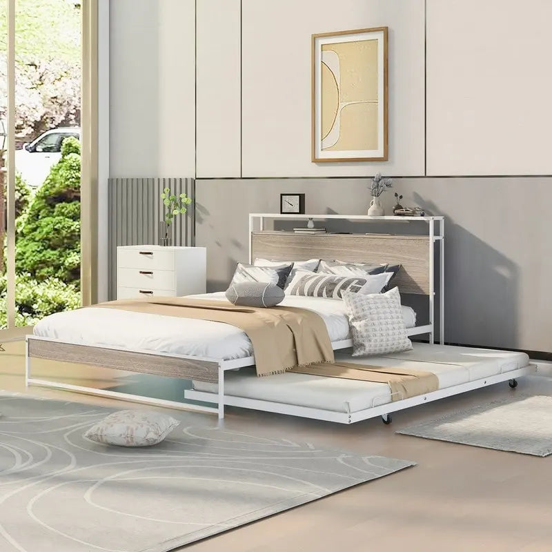 Cama de plataforma de metal tamaño Queen con cama nido, puertos USB, no necesita somier