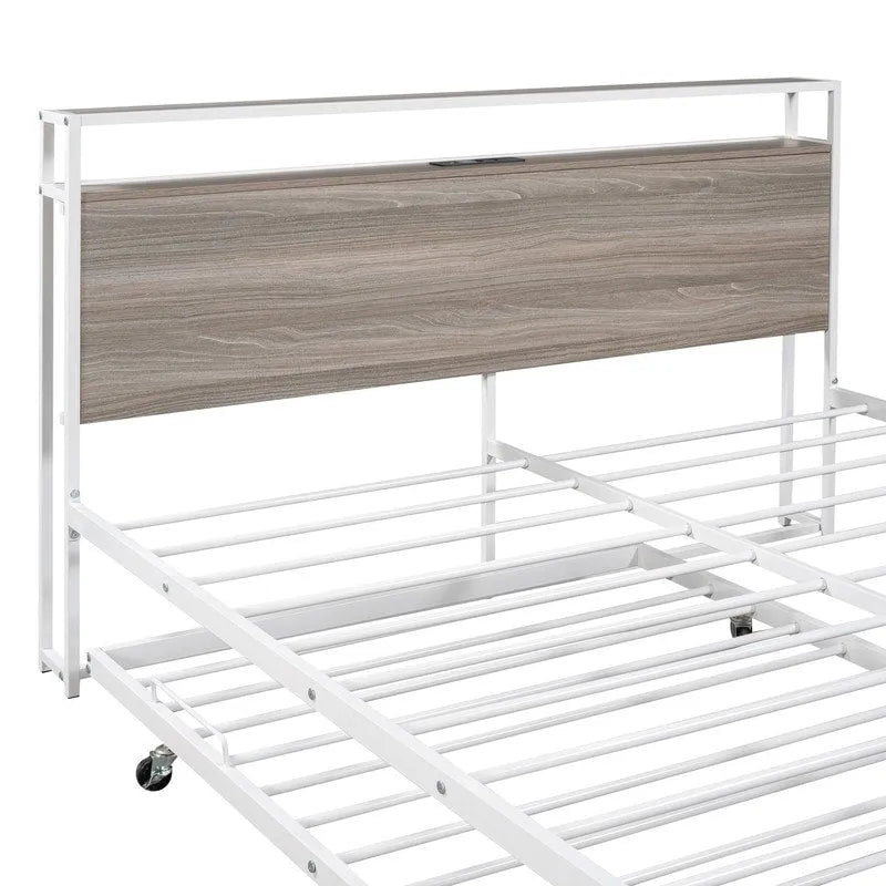 Cama de plataforma de metal tamaño Queen con cama nido, puertos USB, no necesita somier
