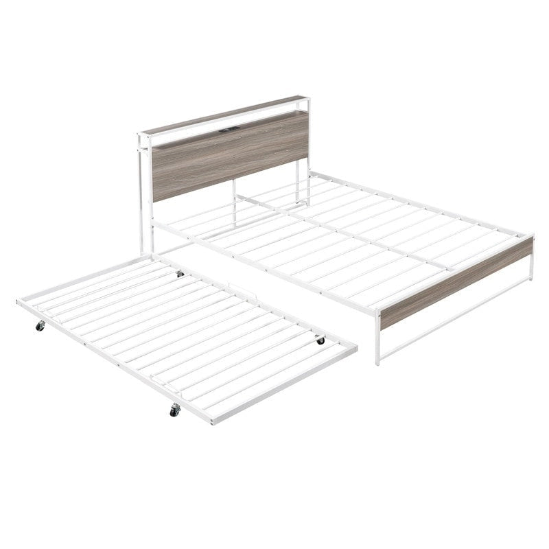 Cama de plataforma de metal tamaño Queen con cama nido, puertos USB, no necesita somier