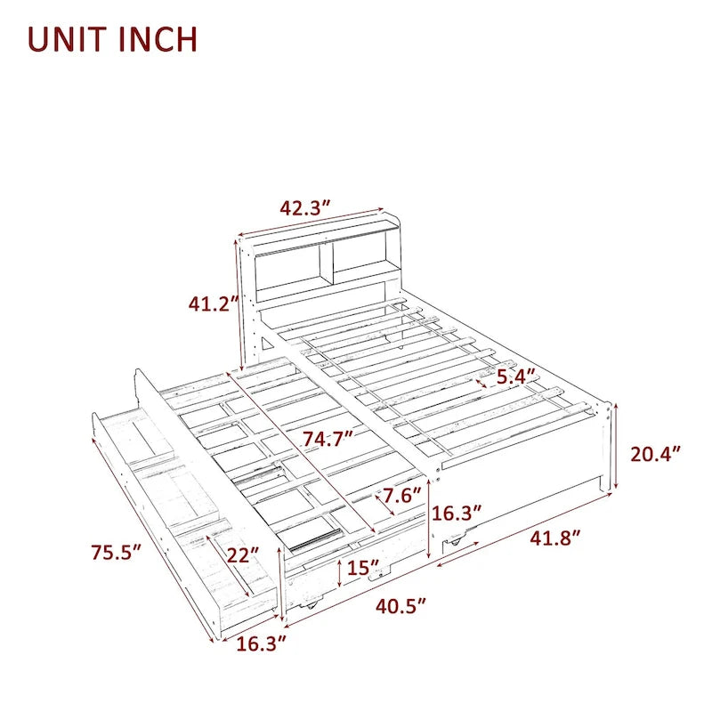 Einzelbett mit ausziehbarem Einzelbett und Schubladen