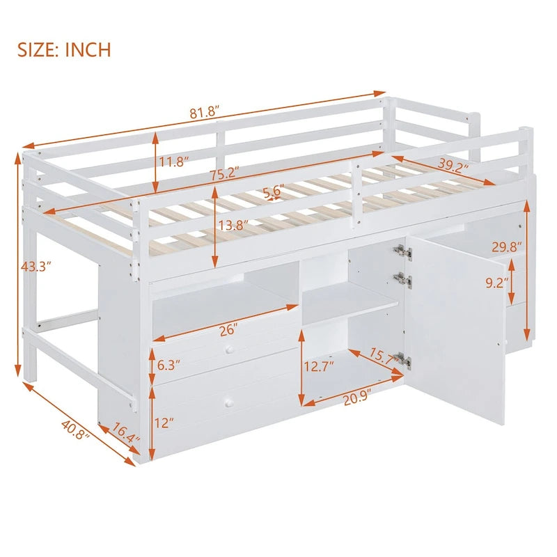 Twin Size Loft Bed with 4 Drawers, Underneath Cabinet and Shelves