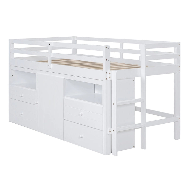 Cama alta tamaño Twin con 4 cajones, gabinete inferior y estantes