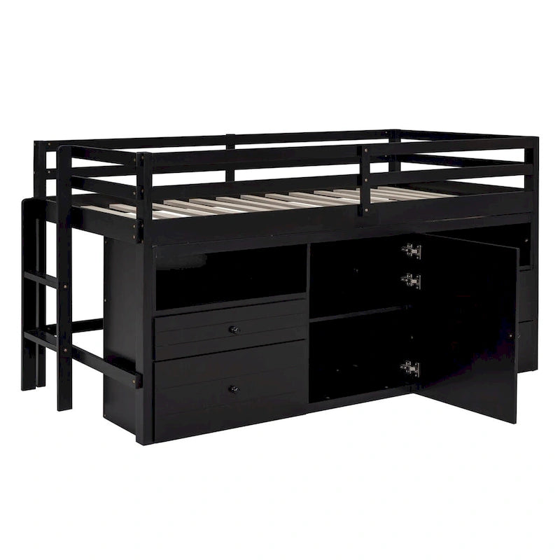Twin Size Loft Bed with 4 Drawers, Underneath Cabinet and Shelves