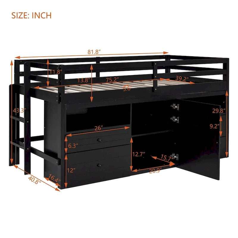 Twin Size Loft Bed with 4 Drawers, Underneath Cabinet and Shelves
