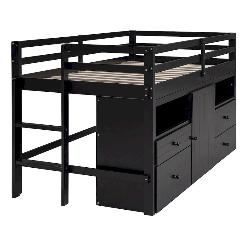 Twin Size Loft Bed with 4 Drawers, Underneath Cabinet and Shelves