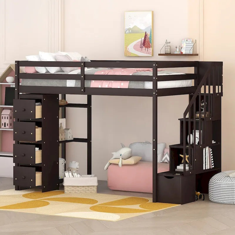 Lit mezzanine simple en bois avec tiroirs de rangement et escalier avec étagères