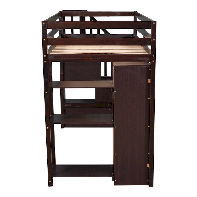 Cama alta de madera tamaño Twin con cajones de almacenamiento y escaleras con estantes