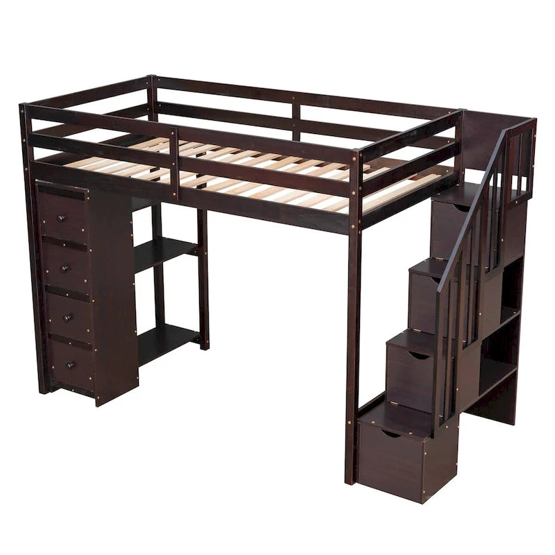 Cama alta de madera tamaño Twin con cajones de almacenamiento y escaleras con estantes