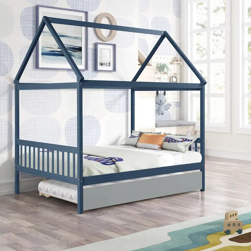 Cama tipo casa de pino tamaño Full con dosel, cama nido y techo
