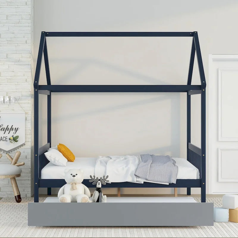 Cama tipo casa de pino tamaño Full con dosel, cama nido y techo