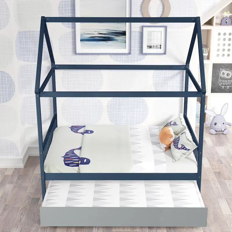 Cama tipo casa de pino tamaño Full con dosel, cama nido y techo