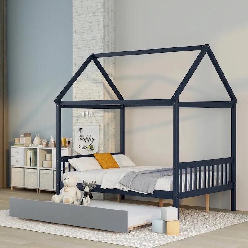 Cama tipo casa de pino tamaño Full con dosel, cama nido y techo