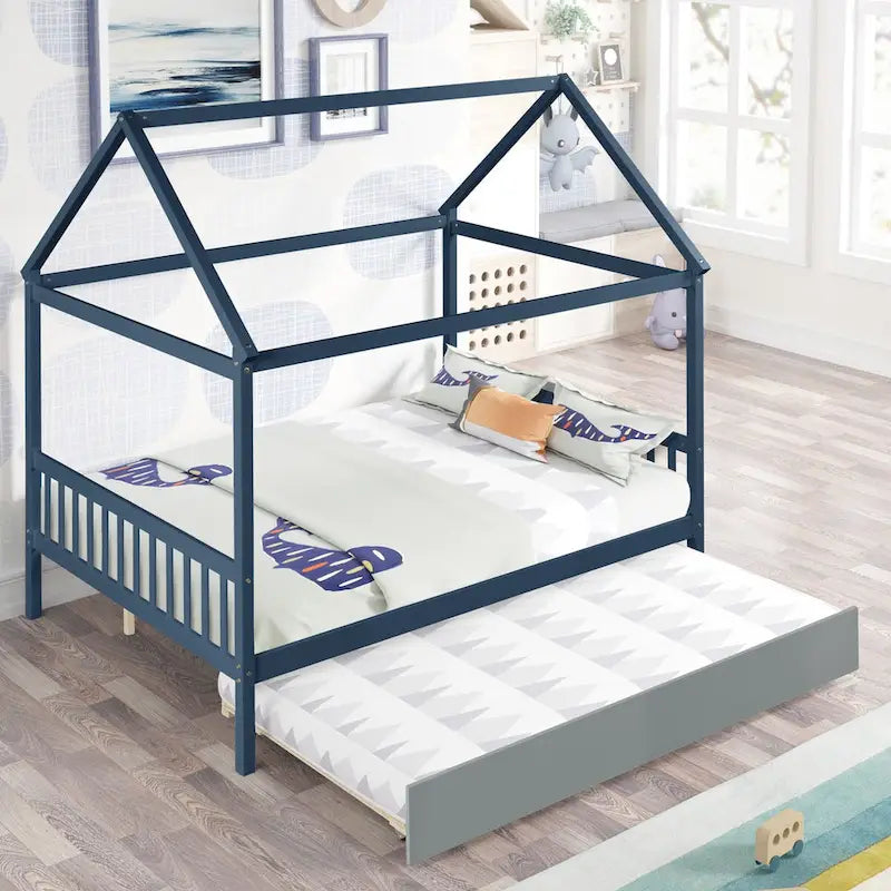Pine Full House Bed with Canopy, Trundle, and Roof