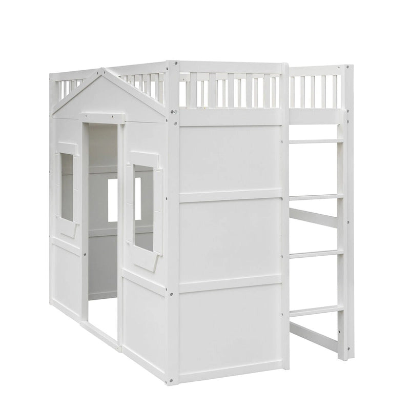 Cama alta tipo casa de madera tamaño Twin con escalera
