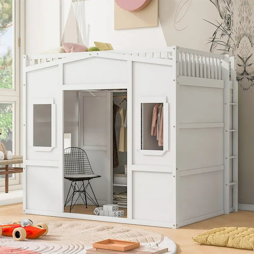 Full Size House Loft Bed With Ladder and Wardrobe
