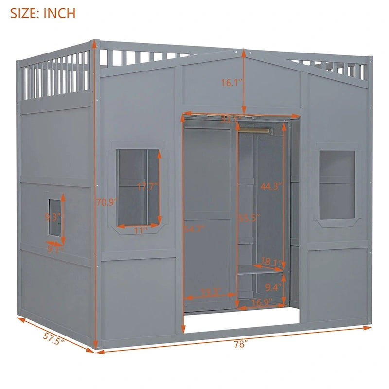 Haus-Hochbett in voller Größe mit Leiter und Kleiderschrank