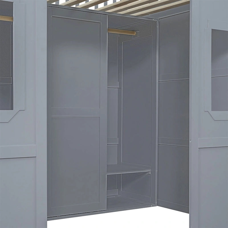 Haus-Hochbett in voller Größe mit Leiter und Kleiderschrank