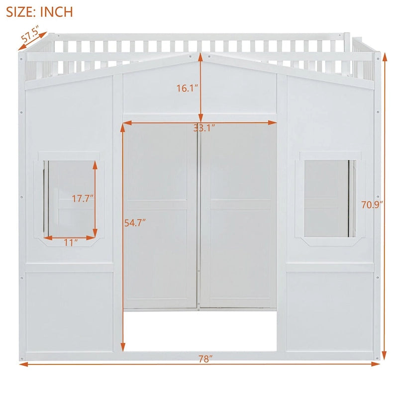 Haus-Hochbett in voller Größe mit Leiter und Kleiderschrank