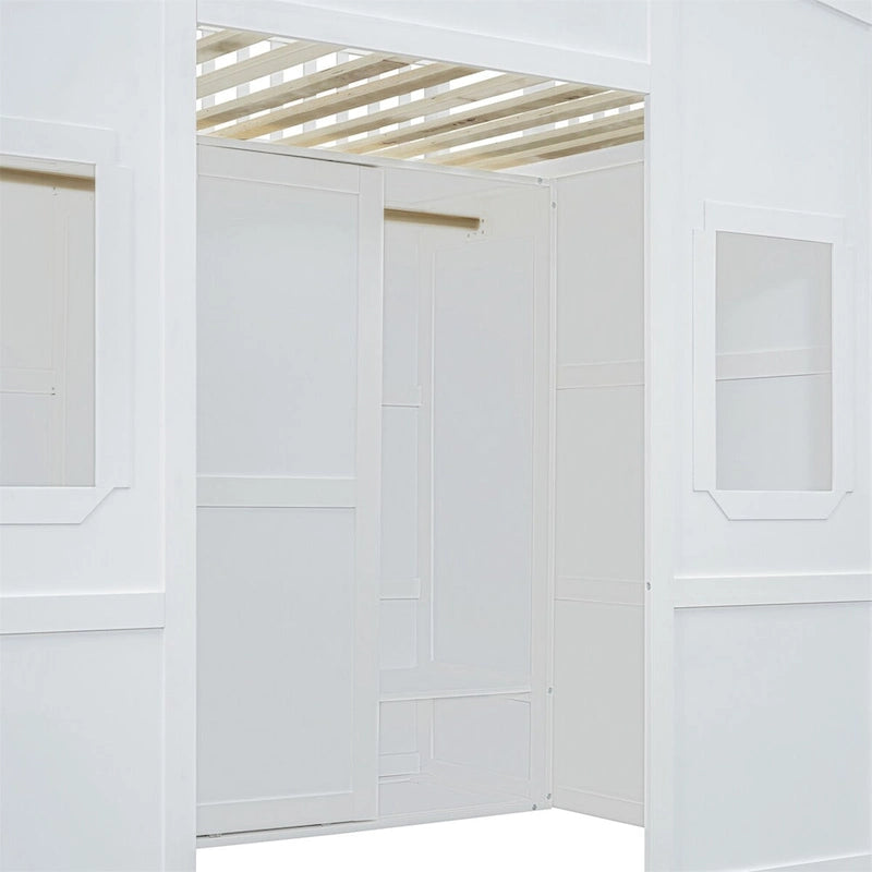 Haus-Hochbett in voller Größe mit Leiter und Kleiderschrank