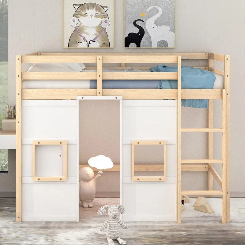 Cama alta de madera tamaño Twin con armario de almacenamiento integrado y 2 ventanas