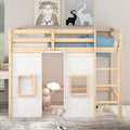 Wood Twin Size Loft Bed with Built-in Storage Wardrobe and 2 Windows