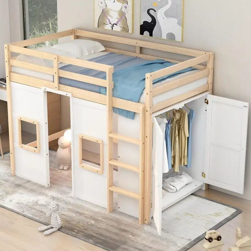 Cama alta de madera tamaño Twin con armario de almacenamiento integrado y 2 ventanas