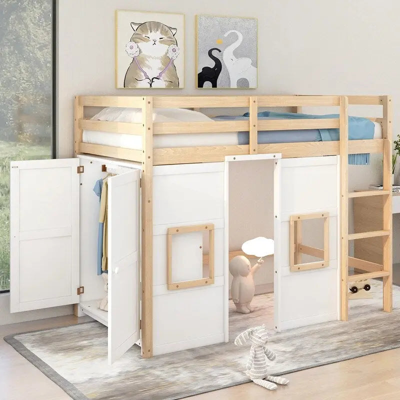 Cama alta de madera tamaño Twin con armario de almacenamiento integrado y 2 ventanas