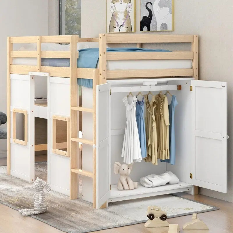 Letto a soppalco in legno a una piazza con armadio contenitore integrato e 2 finestre