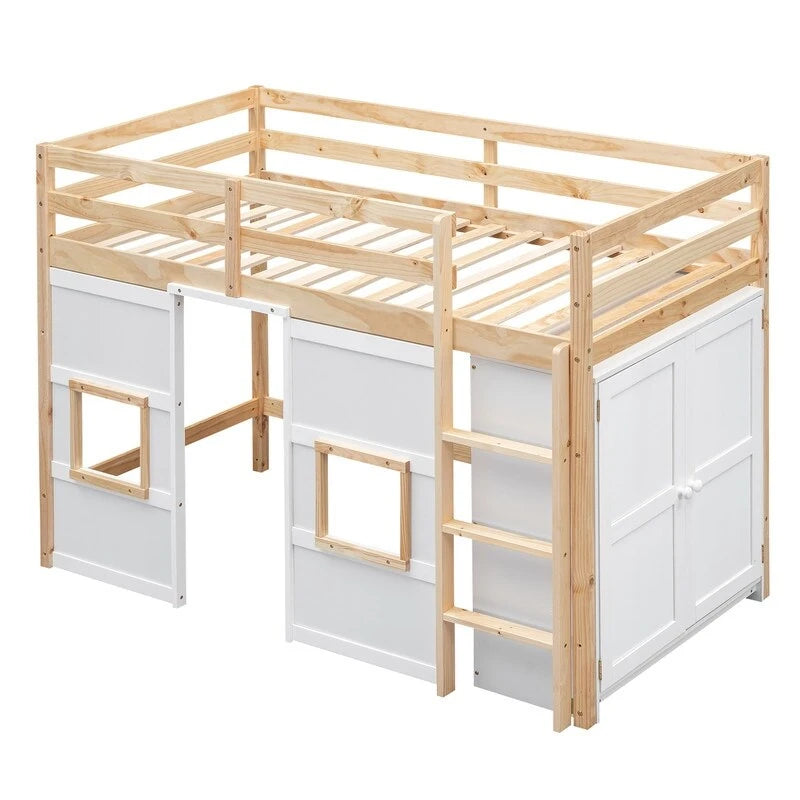 Letto a soppalco in legno a una piazza con armadio contenitore integrato e 2 finestre