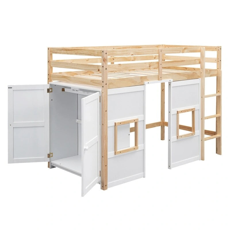 Letto a soppalco in legno a una piazza con armadio contenitore integrato e 2 finestre