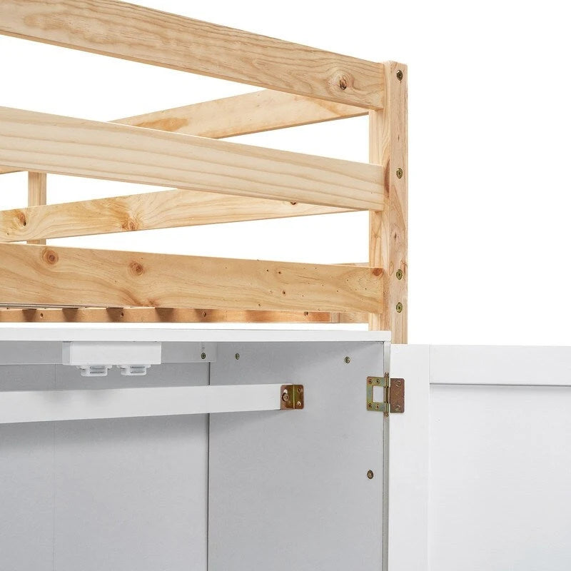 Letto a soppalco in legno a una piazza con armadio contenitore integrato e 2 finestre