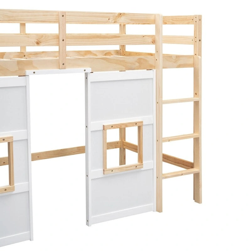 Letto a soppalco in legno a una piazza con armadio contenitore integrato e 2 finestre