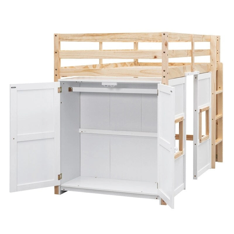 Letto a soppalco in legno a una piazza con armadio contenitore integrato e 2 finestre