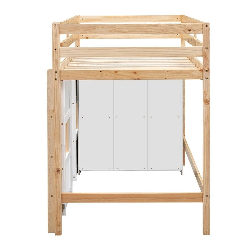 Letto a soppalco in legno a una piazza con armadio contenitore integrato e 2 finestre