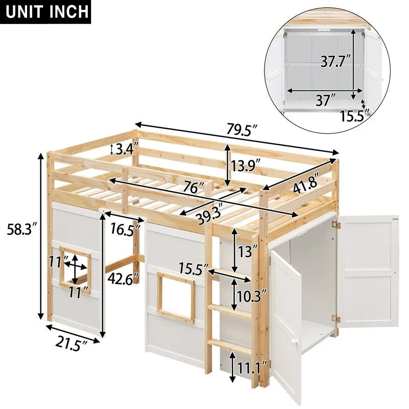 Letto a soppalco in legno a una piazza con armadio contenitore integrato e 2 finestre