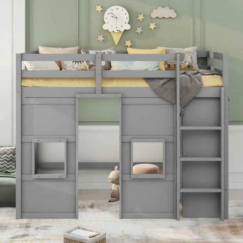 Letto a soppalco in legno a una piazza con armadio contenitore integrato e 2 finestre