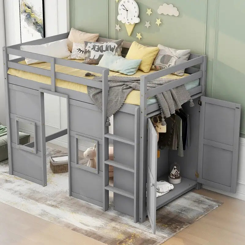 Letto a soppalco in legno a una piazza con armadio contenitore integrato e 2 finestre