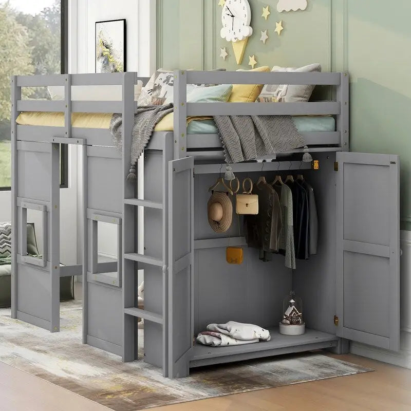 Letto a soppalco in legno a una piazza con armadio contenitore integrato e 2 finestre